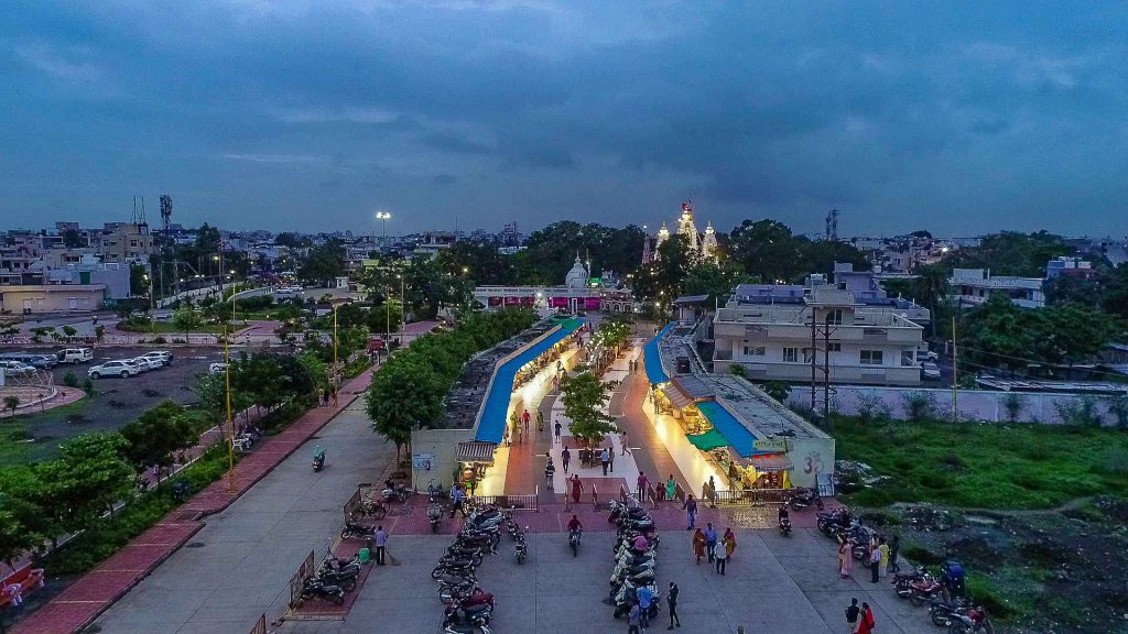 Drone view of mandir Parisar  Sweet's shop corridor